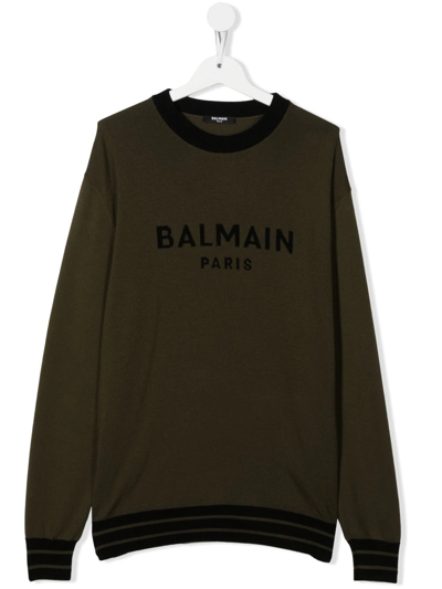 Balmain Teen Logo Embroidered Jumper In Green