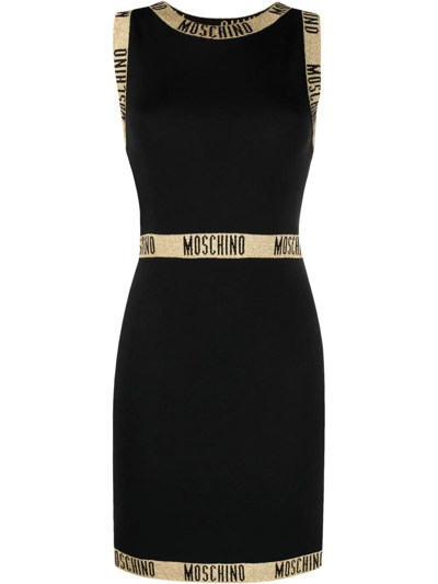 Moschino Shimmering Tape-logo Minidress In Black