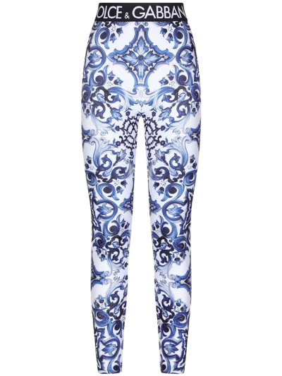 Dolce & Gabbana Blu Mediterraneo Painterly Logo Leggings In Multi-colored