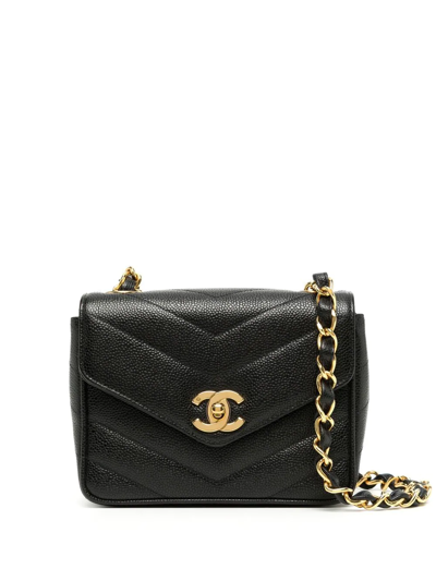 Pre-owned Chanel 1995 Mini V-stitch Square Shoulder Bag In Black