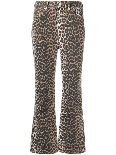 Ganni Betzy Leopard-print Flared-leg Cropped Jeans In Brown