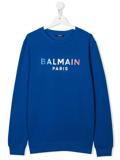 Balmain Kids' Gradient-logo Crew-neck Sweatshirt In Light Blue