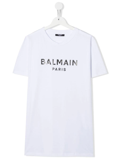 Balmain Teen Logo-print Cotton T-shirt In Bianco/nero