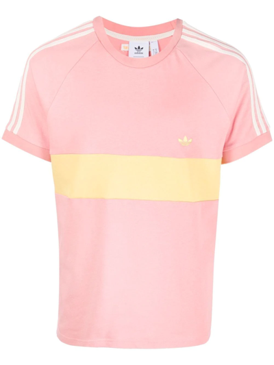 Adidas Originals Embroidered-logo Striped T-shirt In Pink
