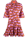 La Doublej Choux Scallop-print Tiered Mini Shirtdress In Orange/pink