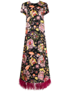 La Doublej Floral-print Maxi Swing Dress With Feathers In Black