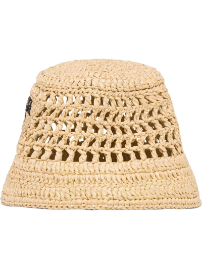 Prada Logo-embroidered Woven Bucket Hat In Beige