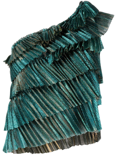Forte Forte Pleated Laminated Tulle One-shoulder Top In Turquoise