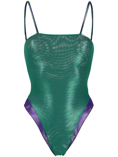 Oseree Green And Purple Lamè Double Maillot One-piece Swimsuit In Green,purple