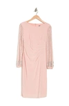 Marina Beaded Long Sleeve Sheath Dress In Blush