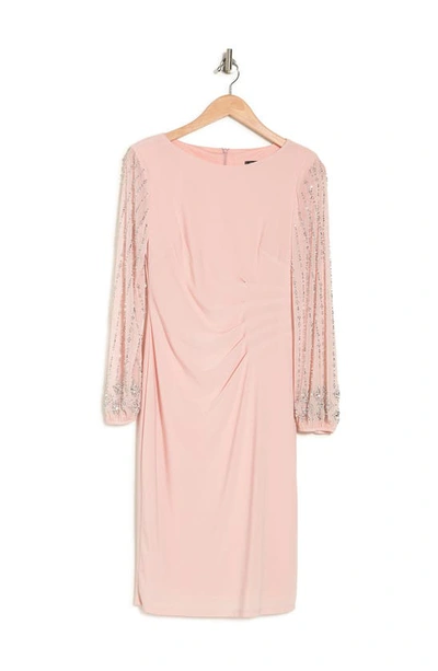 Marina Beaded Long Sleeve Sheath Dress In Blush