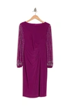 Marina Beaded Long Sleeve Sheath Dress In Fus
