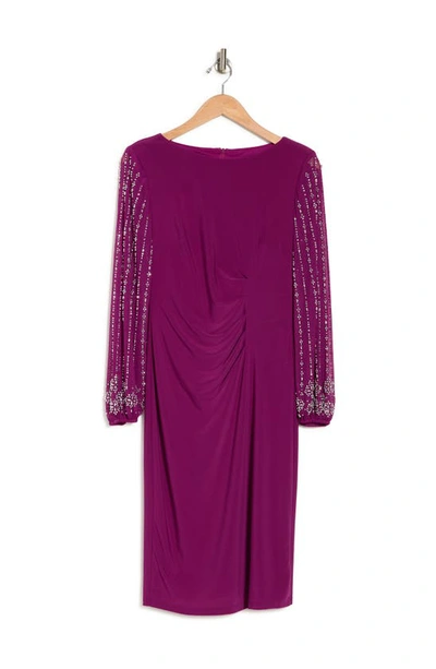 Marina Beaded Long Sleeve Sheath Dress In Fus