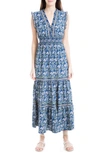 Maxstudio Max Studio Sleeveless Smocked Floral Print Tiered Maxi Dress In Blue Nouveau Wave