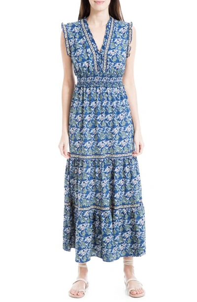 Maxstudio Max Studio Sleeveless Smocked Floral Print Tiered Maxi Dress In Blue Nouveau Wave