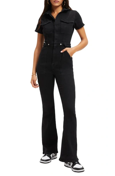 Good American Fit For Success Bootcut Denim Jumpsuit In Black