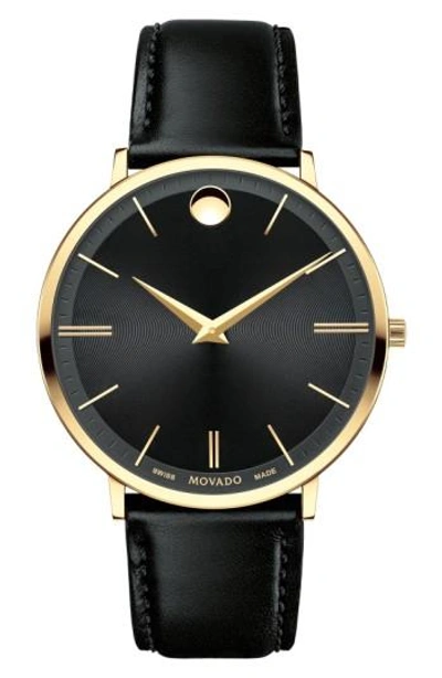 Movado 'ultra Slim' Leather Strap Watch, 40mm In Black/ Black/ Gold