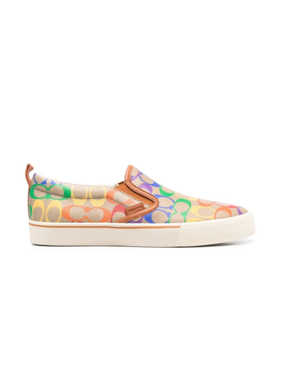 Coach Brown Canvas Skate Slip-on Sneakers In Rainbow Signature