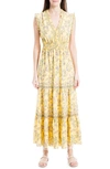 Maxstudio Max Studio Sleeveless Smocked Floral Print Tiered Maxi Dress In Yellow Rose Toile