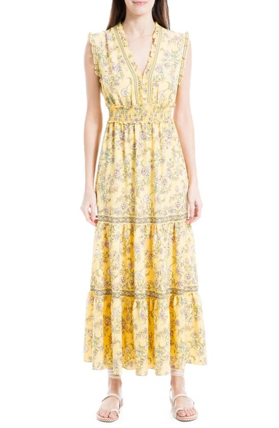 Maxstudio Max Studio Sleeveless Smocked Floral Print Tiered Maxi Dress In Yellow Rose Toile
