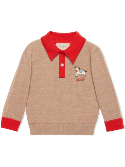 Gucci Babies' Embroidered Wool Polo Shirt In Nude