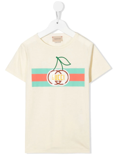 Gucci Kids' Web-stripe Cherry-print T-shirt In White