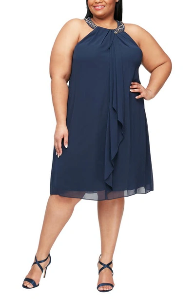 Slny Braid Beaded Neck Chiffon Cascade Ruffle Dress In Navy