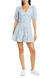 French Connection Birch Puff Sleeve Poplin Dress In Blue Floral