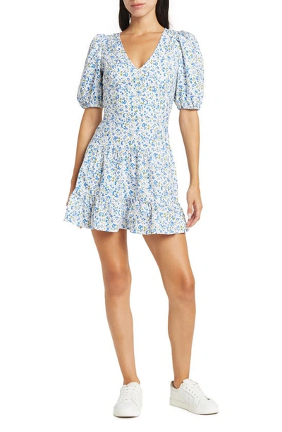 French Connection Birch Puff Sleeve Poplin Dress In Blue Floral