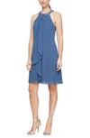 Slny Bead Braided Halter Chiffon Dress In Wedgewood