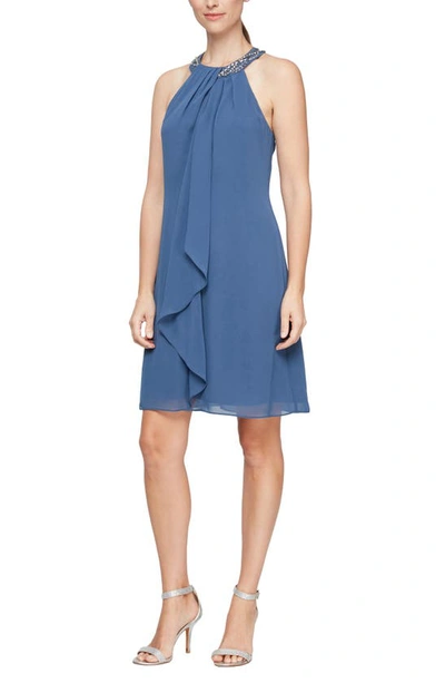 Slny Bead Braided Halter Chiffon Dress In Wedgewood