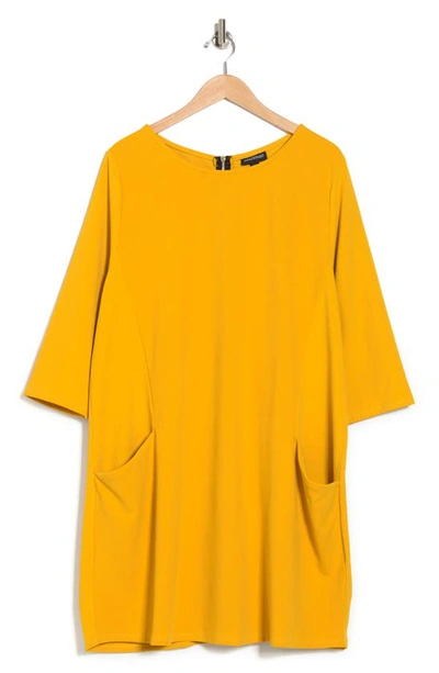 Nina Leonard Jewel Neck Three-quarter Sleeve High Tech Dress In Mustard
