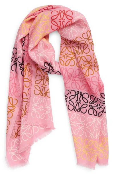 Loewe Fringed Printed Wool, Silk And Cashmere-blend Scarf In Pink &amp; Purple