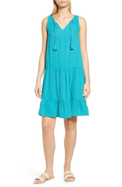 Nic + Zoe Tiered Gauze Tank Dress In Aqua Surf