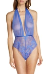 Oh La La Cheri Women's Mesh Plunge Halter Lingerie Teddy In Dazzling Blue