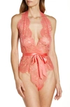 Oh La La Cheri Naomi Plunge Neck Lace Bodysuit In Georgia Peach