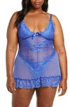 Oh La La Cheri Valentine Soft Cup Babydoll Chemise & G-string Thong In Dazzling Blue