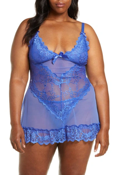 Oh La La Cheri Valentine Soft Cup Babydoll Chemise & G-string Thong In Dazzling Blue