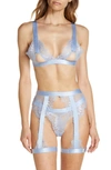 Oh La La Cheri Open Cup Bralette, High Waist Panties & Suspenders Set In Brunnera Blue