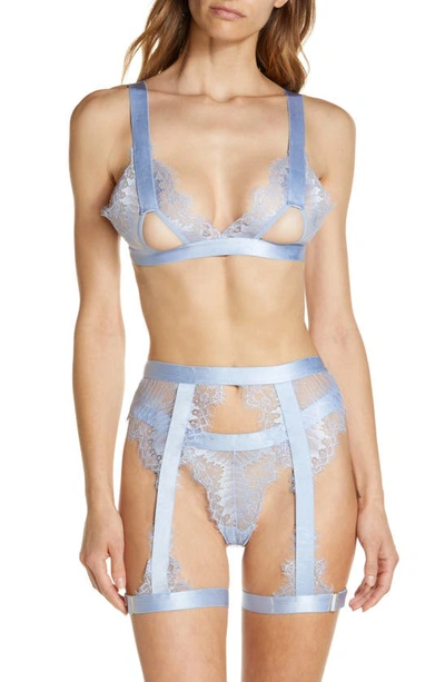 Oh La La Cheri Open Cup Bralette, High Waist Panties & Suspenders Set In Brunnera Blue