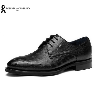 Roberta Di Camerino Roberta意大利诺贝达男鞋新品男士商务正装鞋鸵鸟皮系带商务皮鞋 黑色