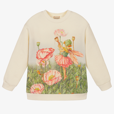 Gucci Kids' Floral Fairy-print Round-neck Sweatshirt In White