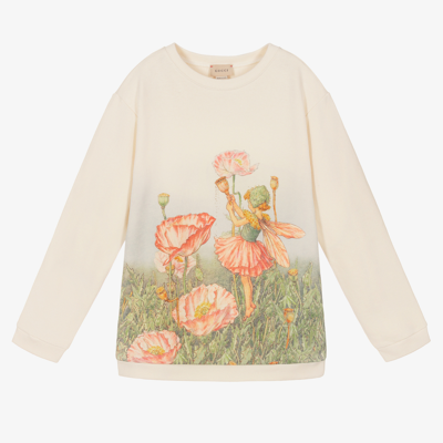 Gucci Kids' Floral Fairy-print Round-neck Sweatshirt In White,multi