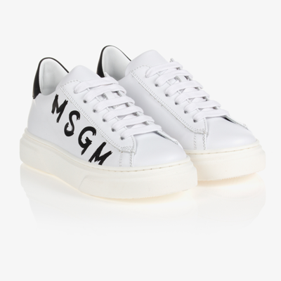 Msgm Kids' White Leather Logo Trainers