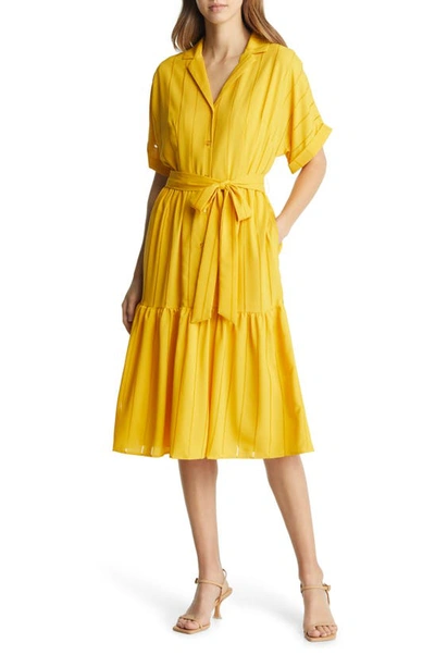 Tahari Asl Drop Needle Georgette Shirtdress In Mustard