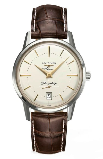 Longines Mens Cream L4.795.4.78.1 Heritage Stainless-steel And Leather Automatic Watch In Silver
