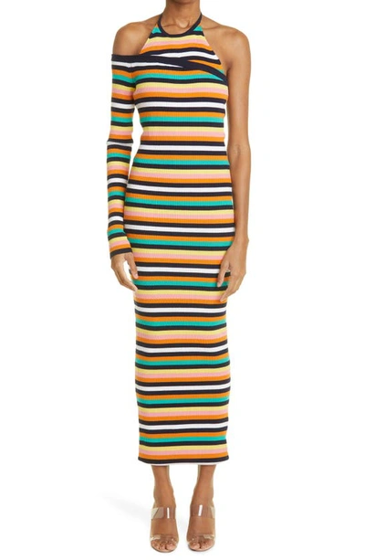 Monse One-sleeve Layered Striped Ribbed Stretch Wool-blend Halterneck Midi Dress In Rainbow Stripe