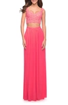 La Femme Beaded Two-piece Dress In Pink
