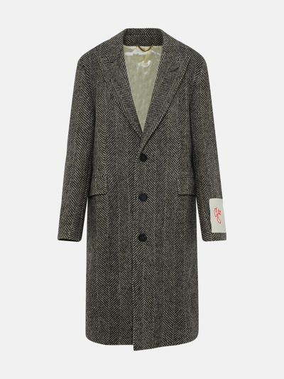 Golden Goose Single-breasted Coat In Beige Wool With Herringbone Pattern In Black