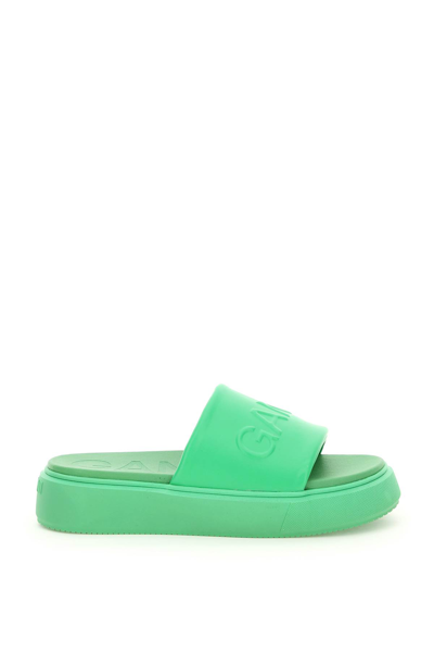 Ganni 40mm Padded Faux Leather Slide Sandals In Green